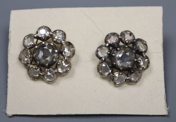 A pair of early 19th century white and yellow metal, old round cut diamond cluster set earrings (no butterflies),